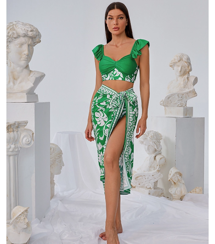 Ruffle Green Bikini Swimsuit and Sarong Flaxmaker