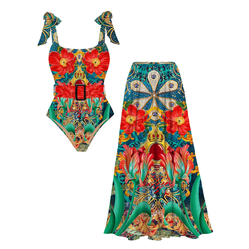 Printed Bowknot Shoulder One Piece Swimsuit and Skirt
