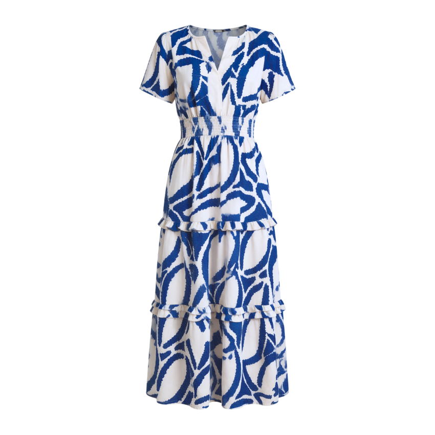 Blue Leaf Print Short Sleeve Tiered Midi Dress