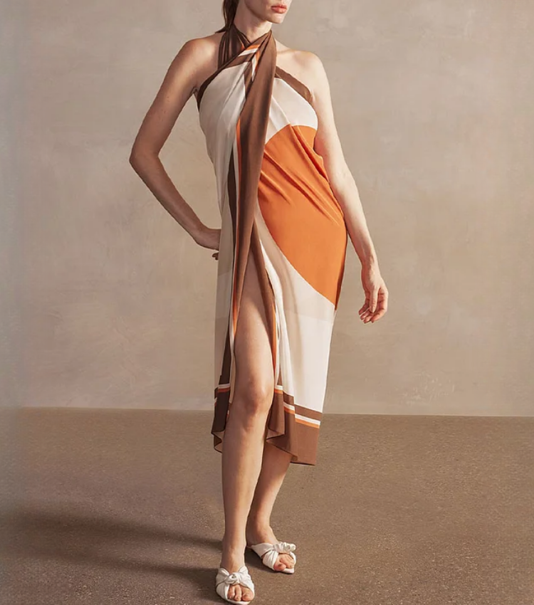 Reversible Graphic Printed Beaded One Piece Swimsuit and Sarong Flaxmaker