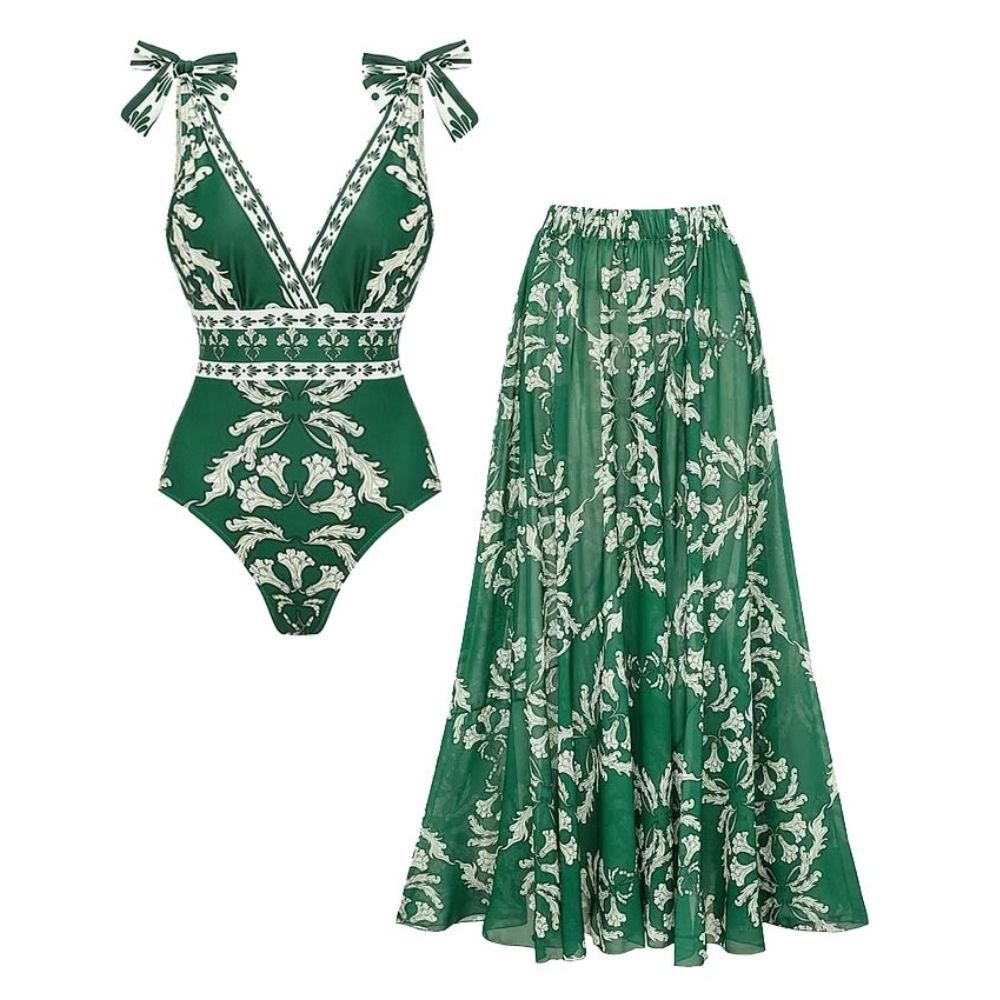 V Neck Lace Up Printed One Piece Swimsuit and Skirt