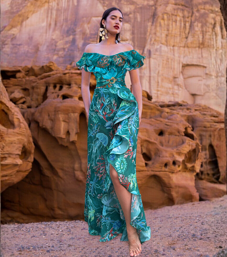 Removable Shoulder Strap Off Shoulder Marine Organism One Piece Swimsuit and Skirt