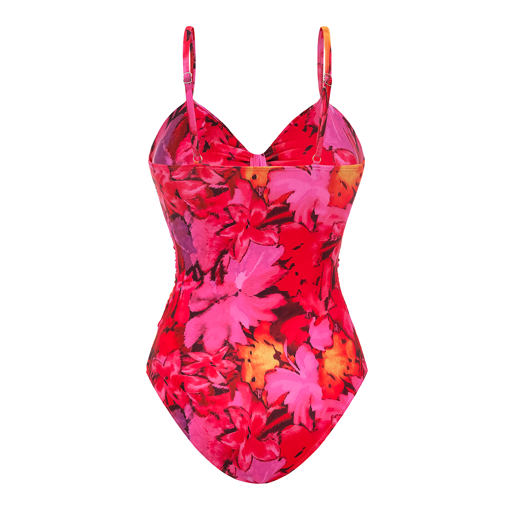 Red Flowers Printed Hollow One Piece Swimsuit and Skirt