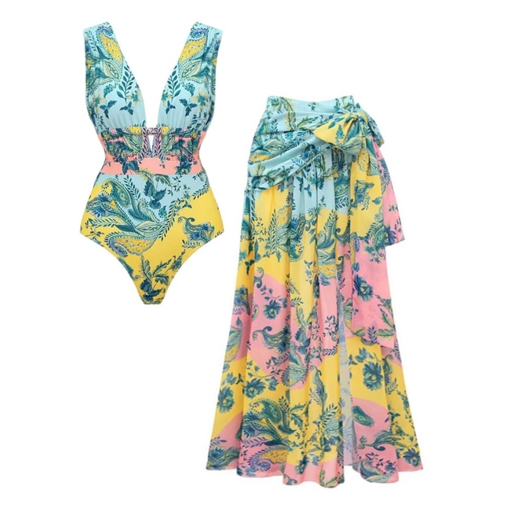 Color Block Printed One Piece Swimsuit and Skirt