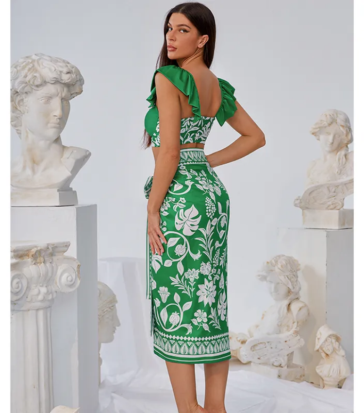 Ruffle Green Bikini Swimsuit and Sarong Flaxmaker