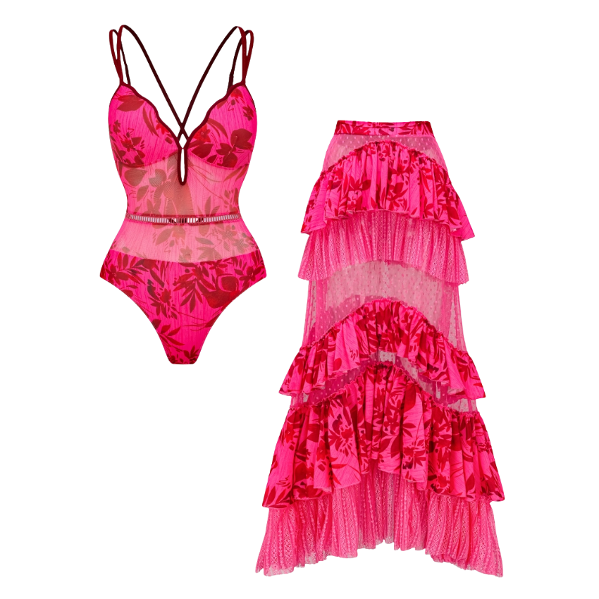 Rose Red Flower Print Net Yarn Splicing One Piece Swimsuit and Tiered Skirt