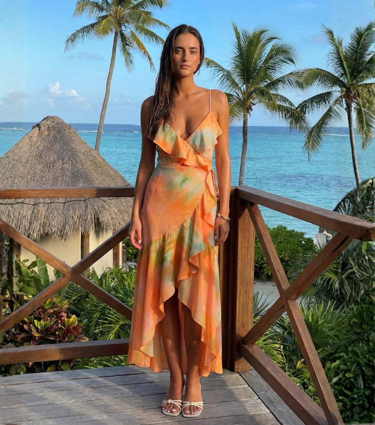 Tropical Tie Dye Ruffle Beach Maxi Dress