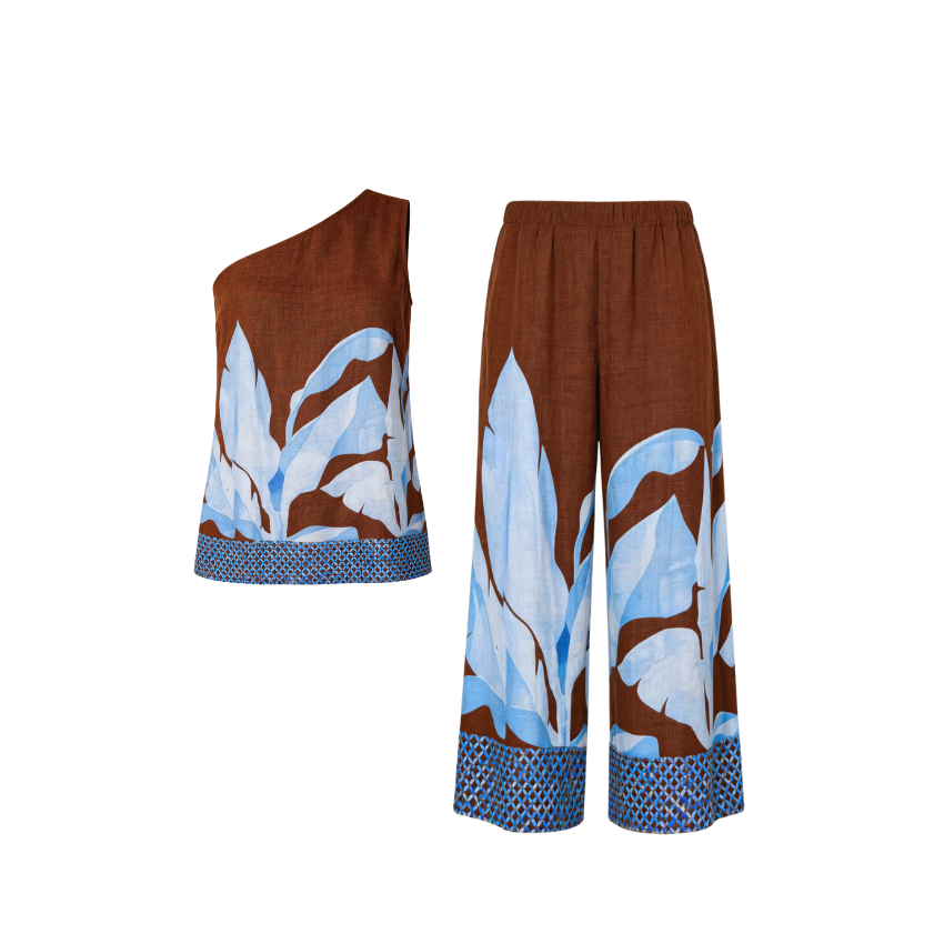 Brown Base Blue Leaf One Shoulder Wide Leg Jumpsuit