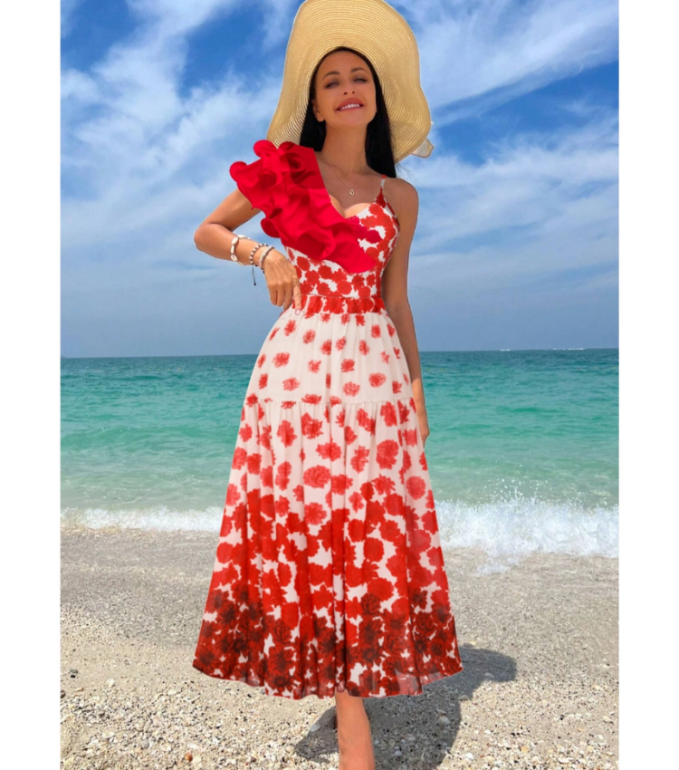 Flower Gradient Print One Shoulder Ruffle One Piece Swimsuit and Skirt