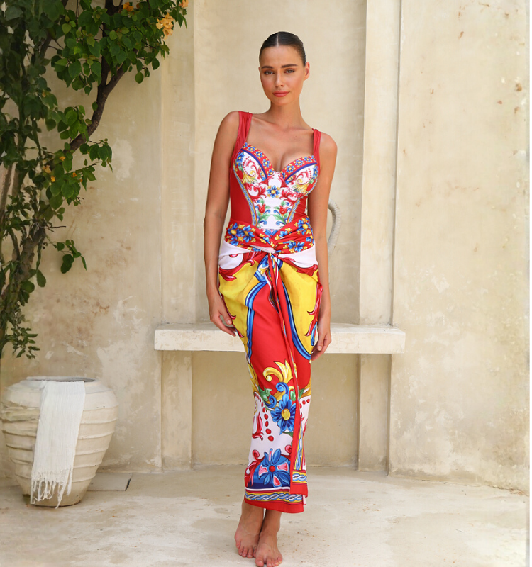 Sling Pattern Print Bikini Swimsuit and Skirt