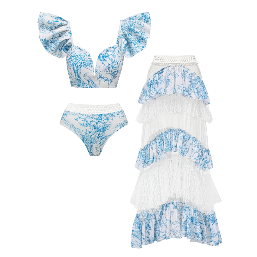 Ruy Print Net Yarn Splicing Bikini Swimsuit and Tiered Skirt
