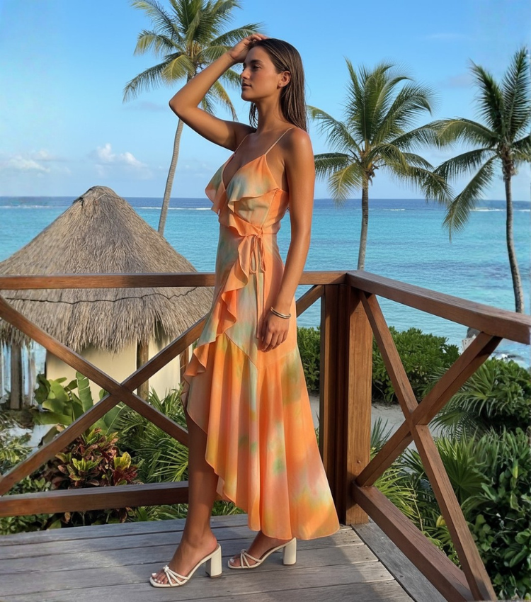 Tropical Tie Dye Ruffle Beach Maxi Dress