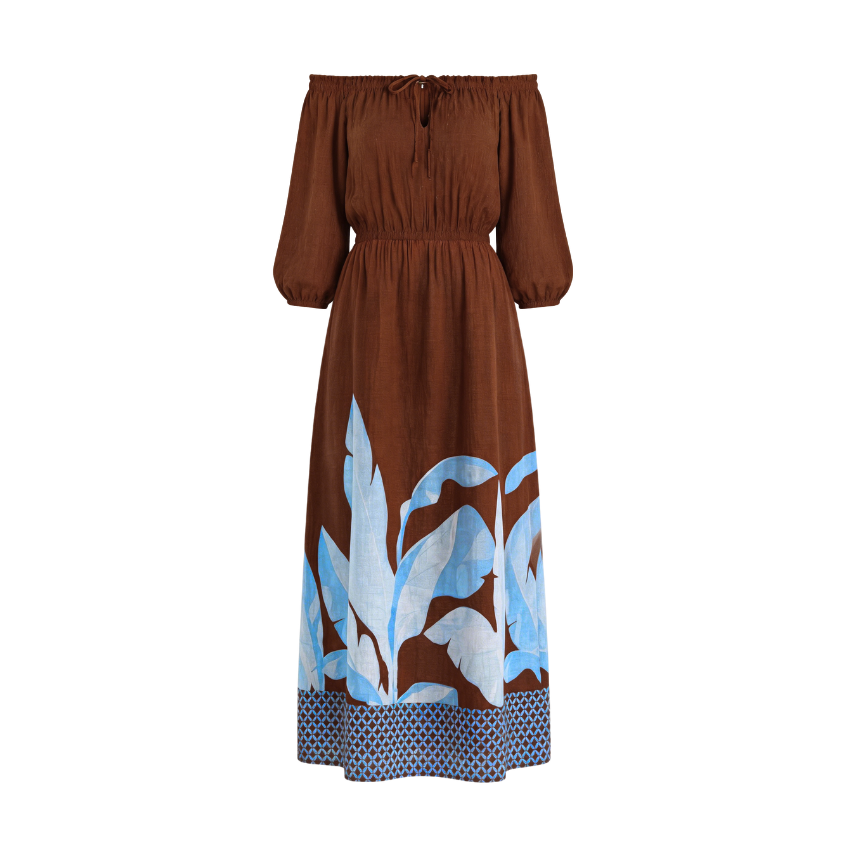 Brown Base Blue Leaf Off Shoulder Puff Sleeve Maxi Dress