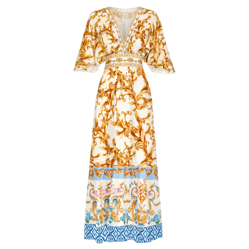 Golden Baroque Print Short Sleeve V-Neck Maxi Dress