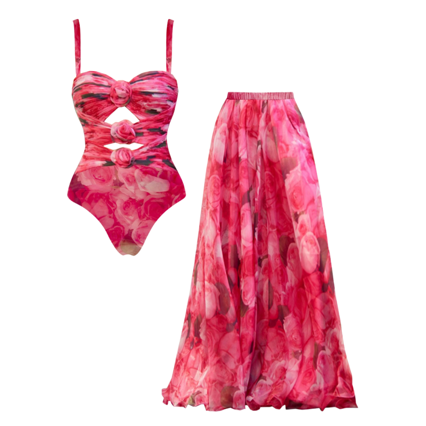 3D Flowers Cutout Floral One Piece Swimsuit and Skirt Flaxmaker