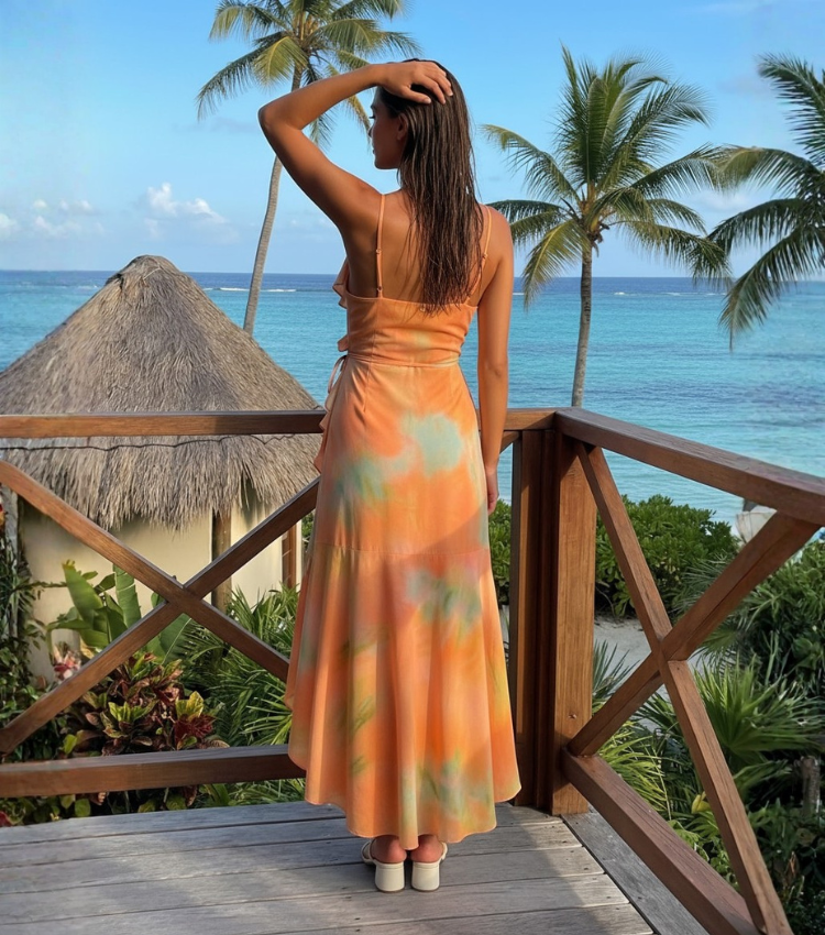 Tropical Tie Dye Ruffle Beach Maxi Dress