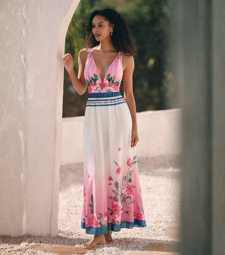 V Neck Pale Pink Ombre Flower Print Swimsuit Set(s)