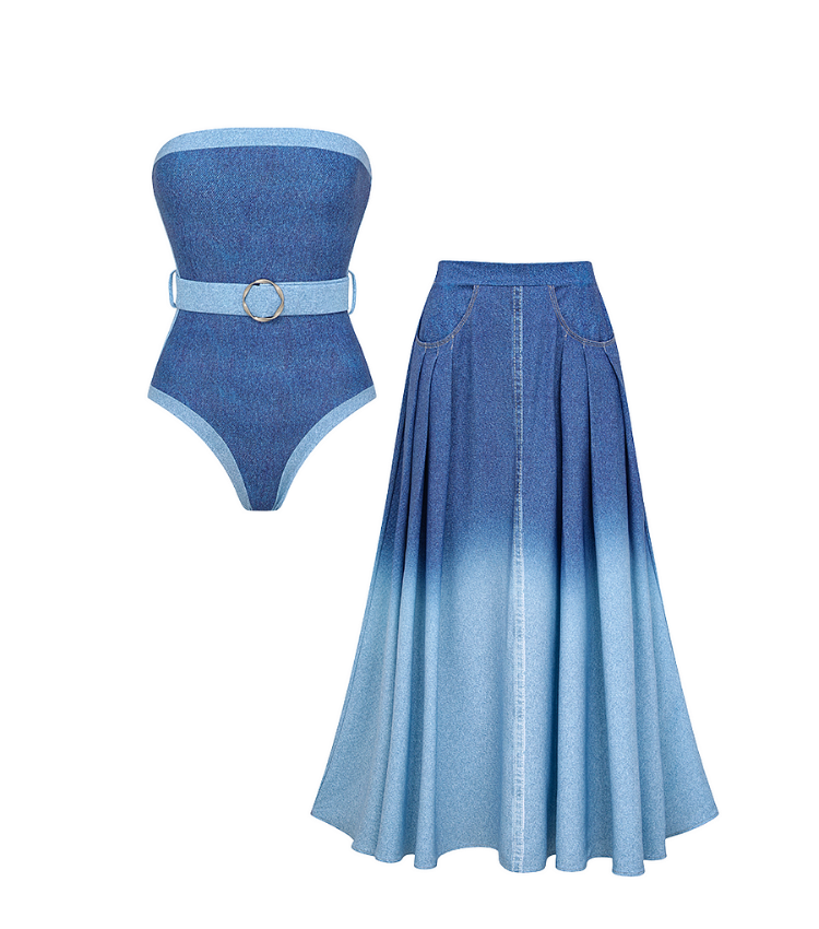 Off Shoulder Denim Pattern Print One Piece Swimsuit and Skirt