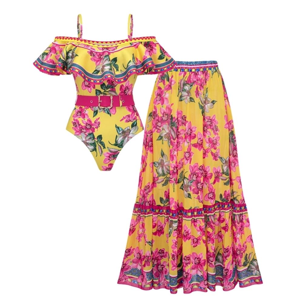 Bandeau Ruffled Orchid Print One Piece Swimsuit and Skirt