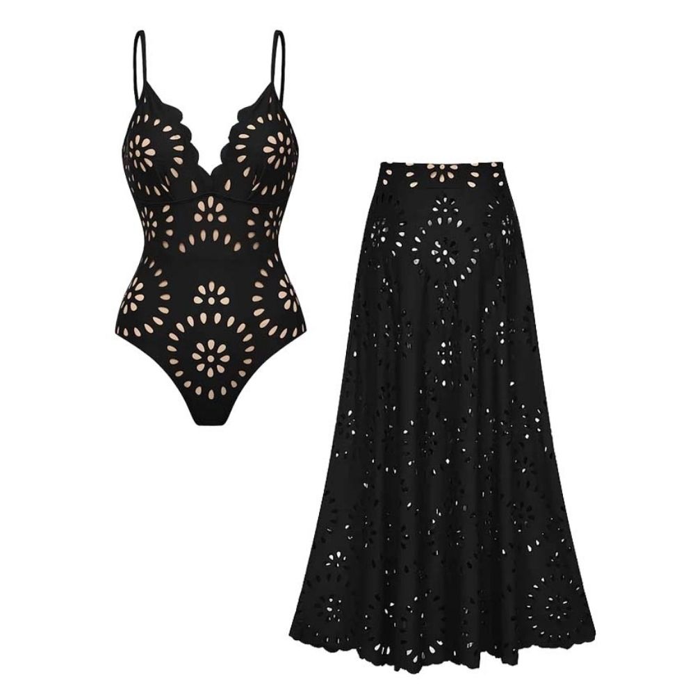 Black Laser Cutting Flower Hollow One Piece Swimsuit and Skirt