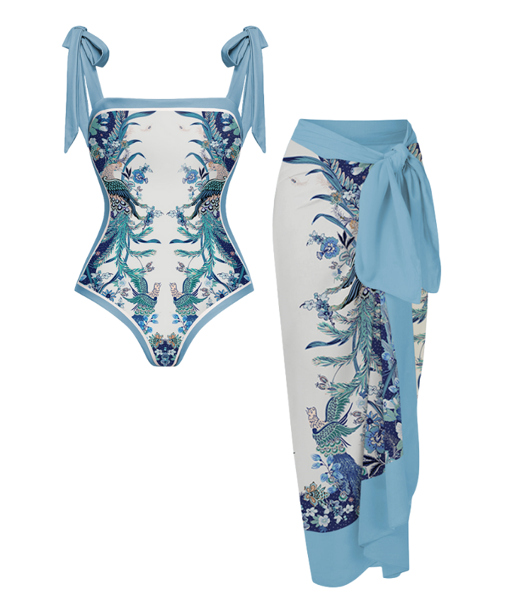 Reversible Tie-shoulder One Piece Swimsuit and Sarong/Skirt Flaxmaker