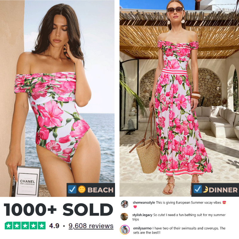 Ruched Off Shoulder Flower Print One Piece Swimsuit and Skirt