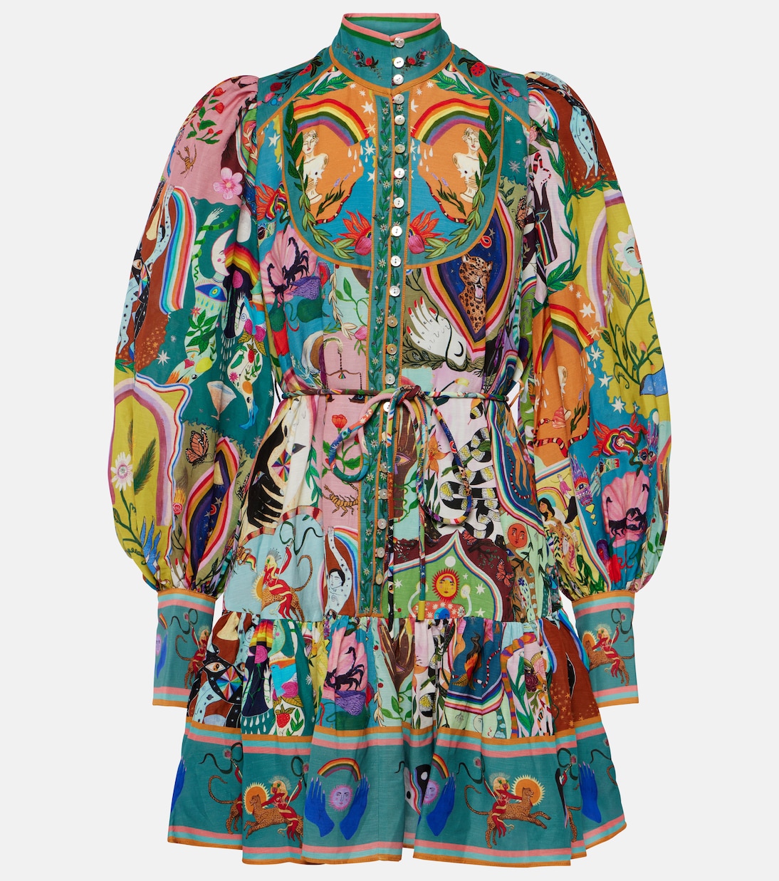 Lace up Printed Lantern Long Sleeve Mini Dress