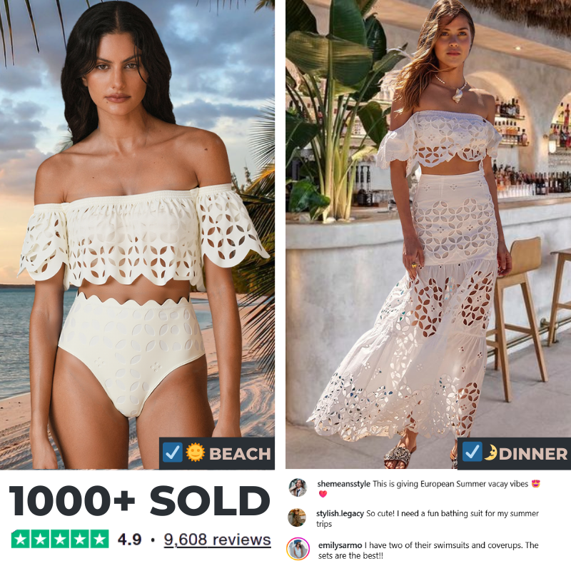 White Laser Hollowing Bikini Swimsuit and Skirt