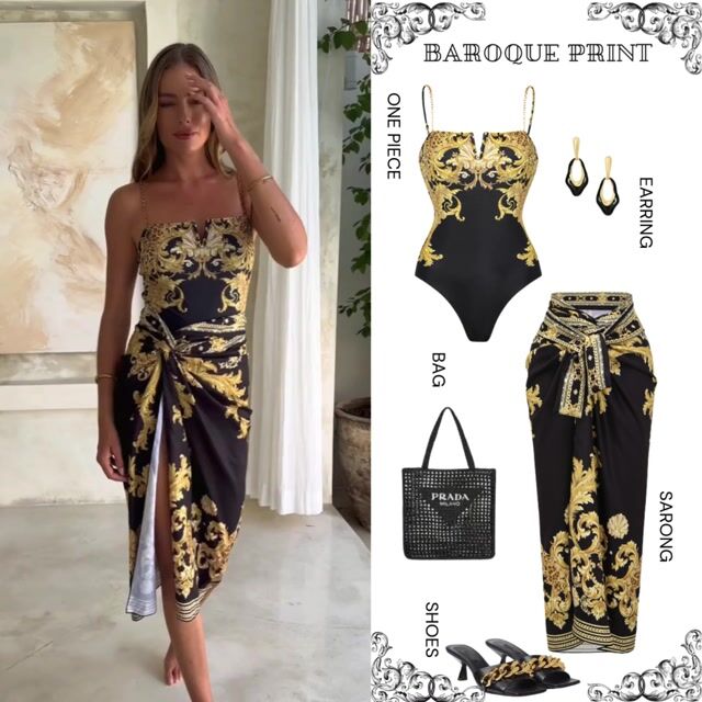 Vintage Black Gold Baroque Print Metal chain small V-neck One Piece Swimsuit and Skirt