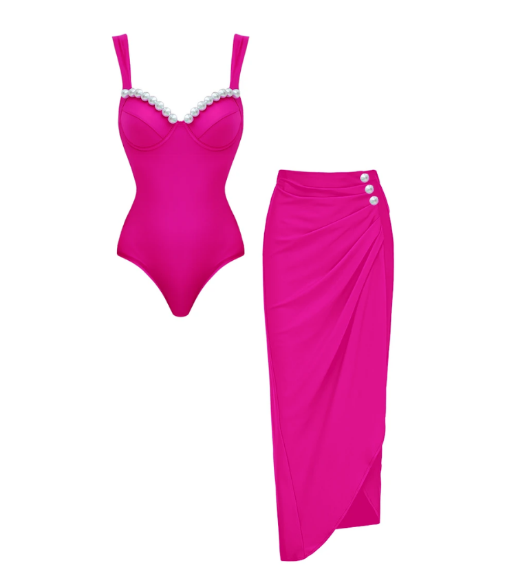 Sling Artificial Pearl Decor Pink One Piece Swimsuit and Skirt