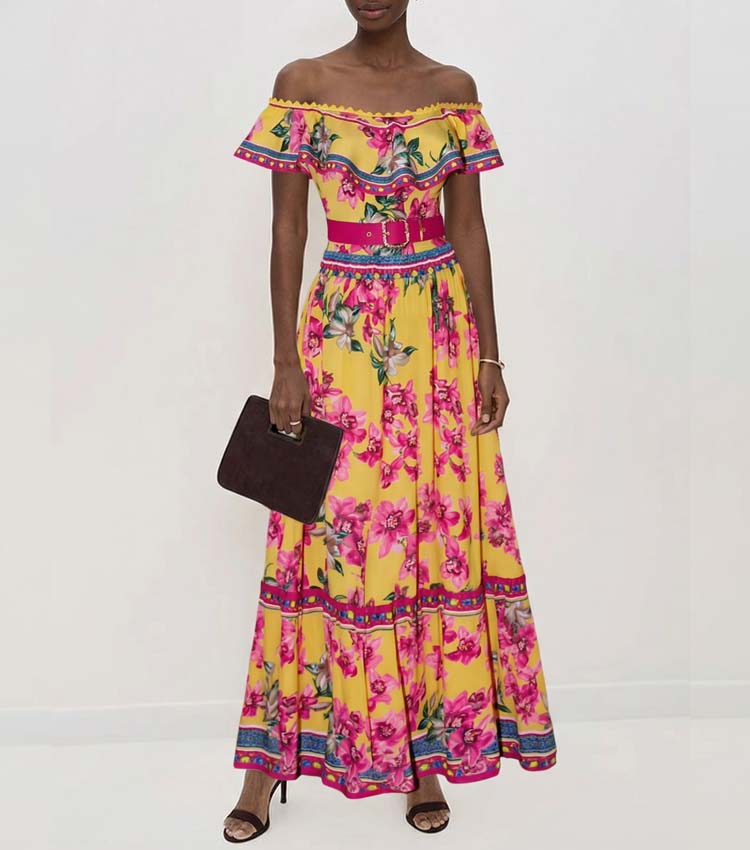 Bandeau Ruffled Orchid Print One Piece Swimsuit and Skirt