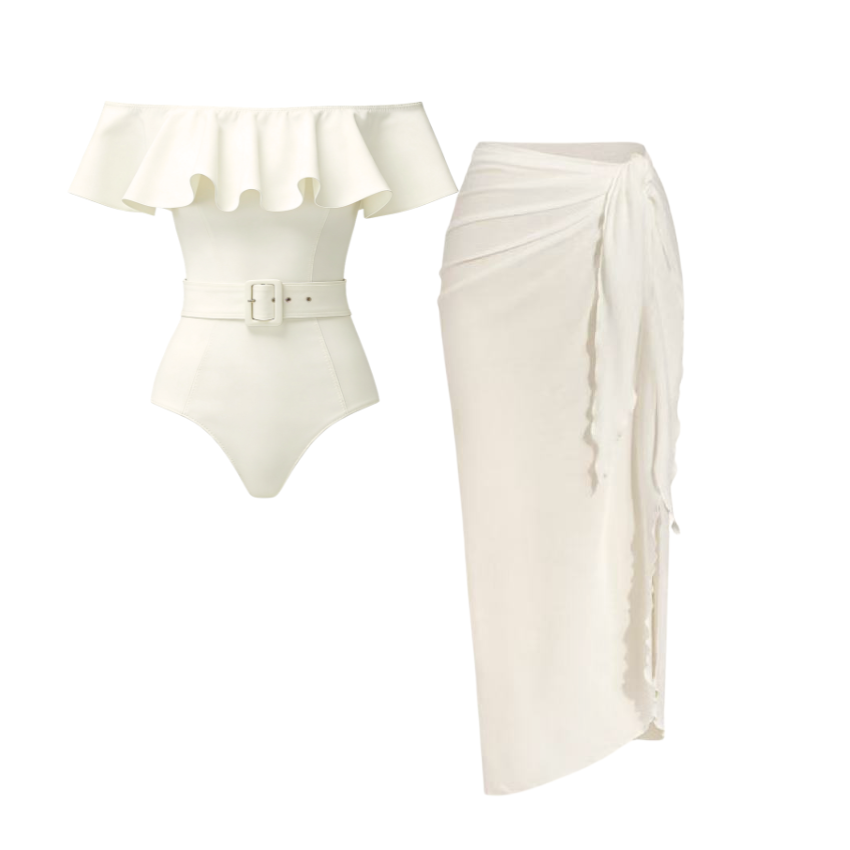 White Ruffles Blocking Swimsuit Set(s)