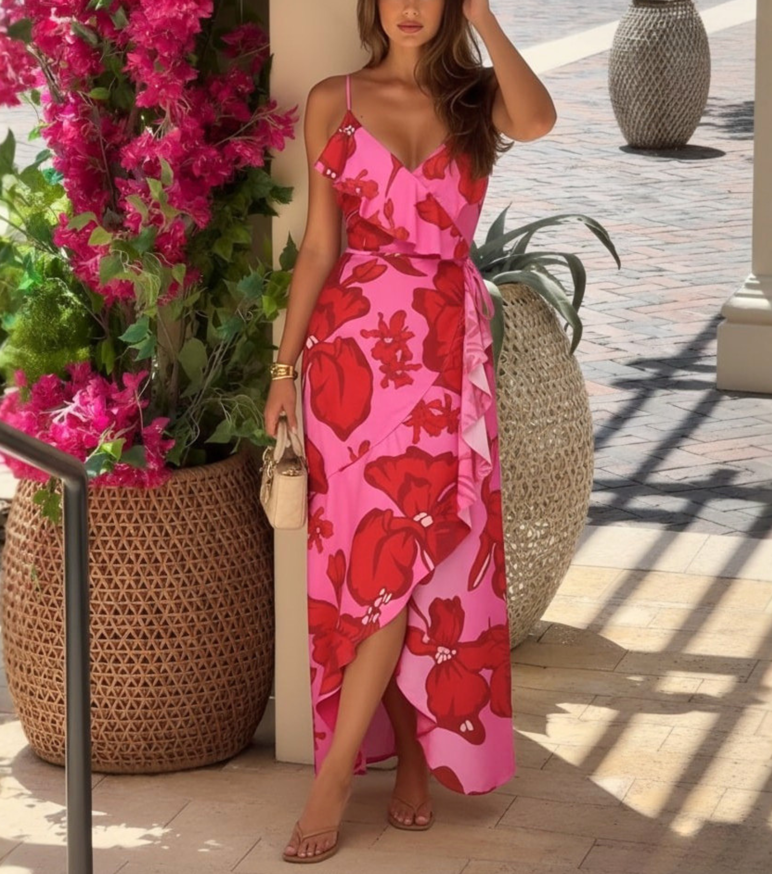 Pink Floral Ruffle Wrap Maxi Dress