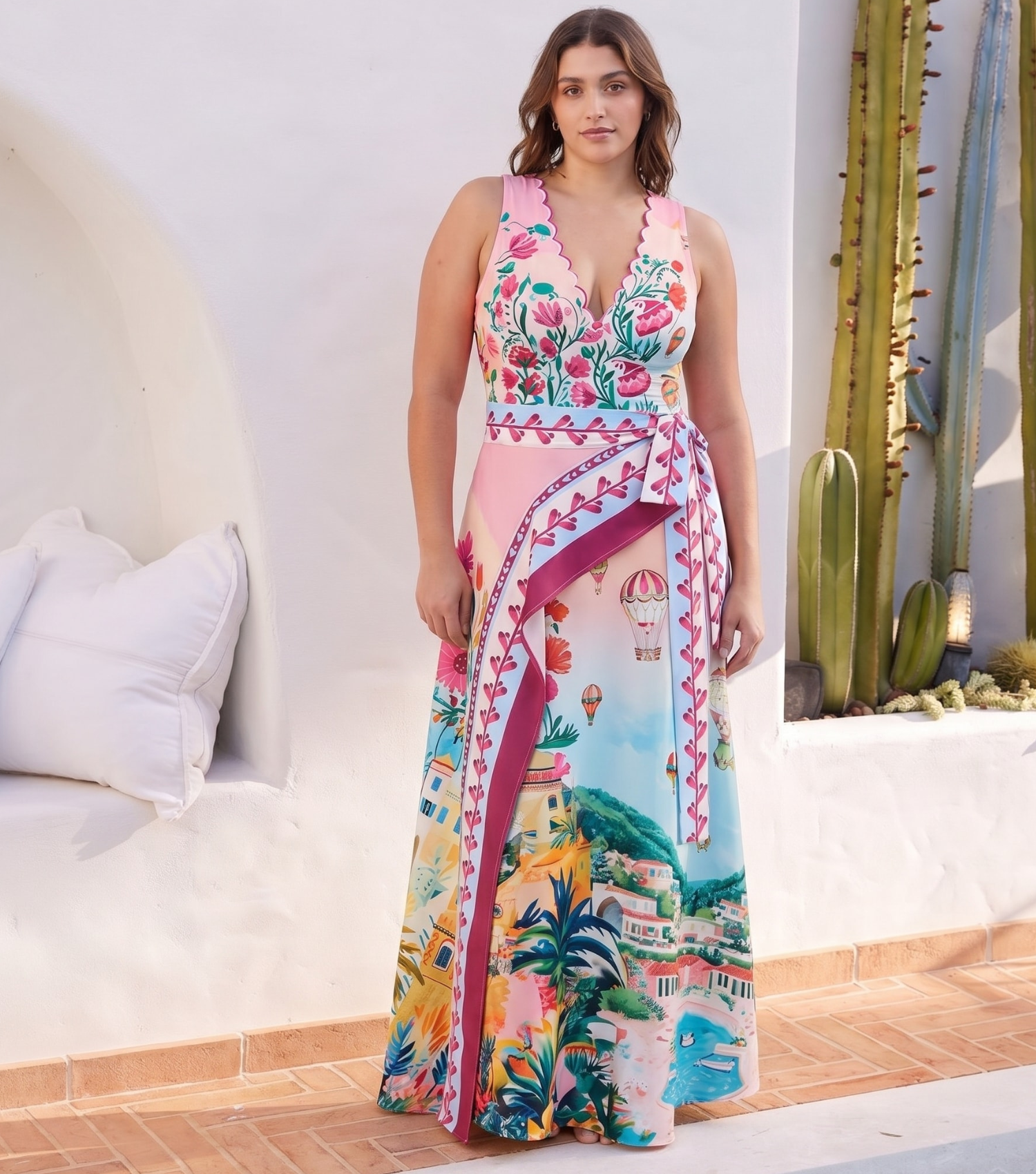 Plus Size Scallop Cut Neck One Piece Swimsuit and Skirt