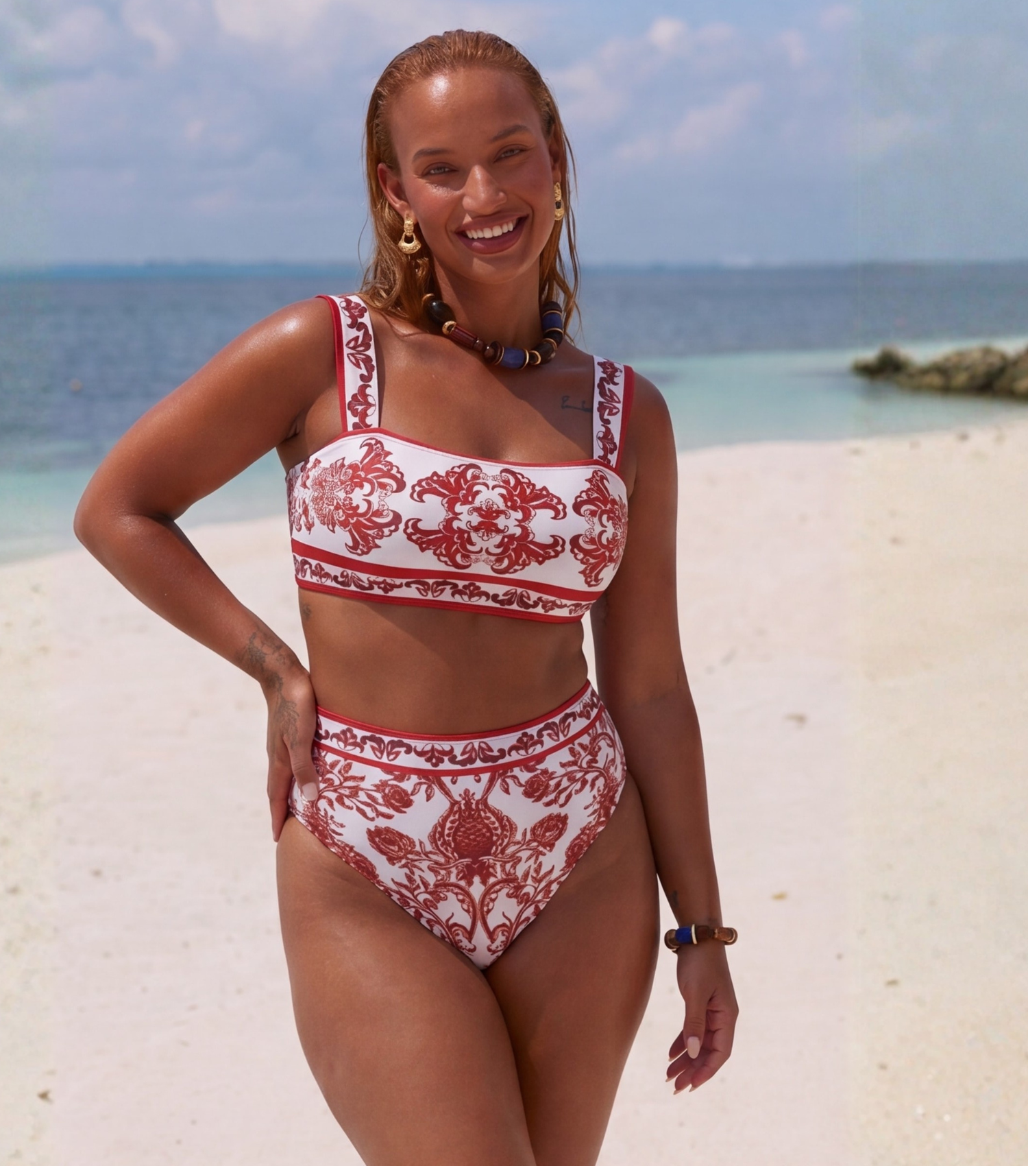 Plus Size Red Flower Totem Pattern Print Bikini and Skirt