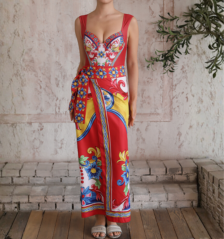 Sling Pattern Print Bikini Swimsuit and Skirt