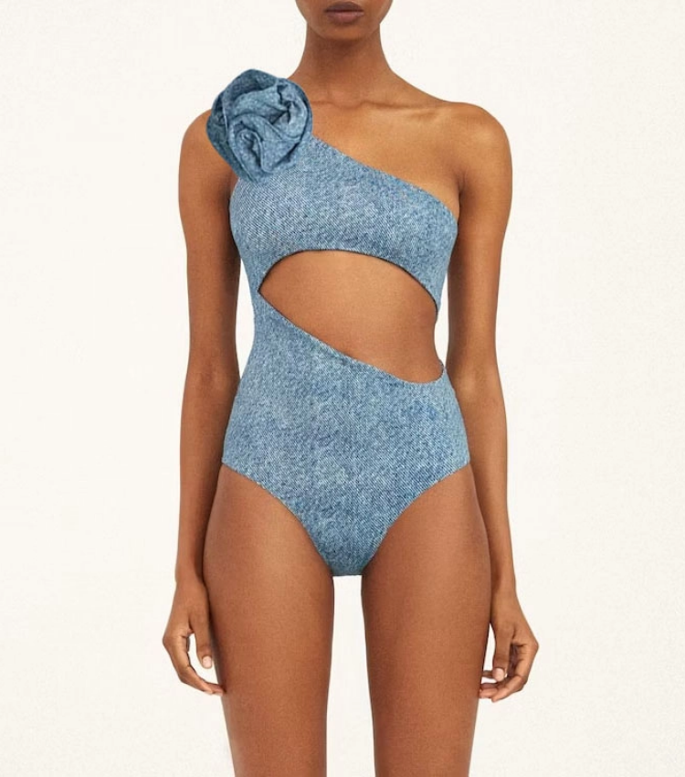 Classic High Waist Flower Denim Print Bikini Swimsuit and Skirt Flaxmaker