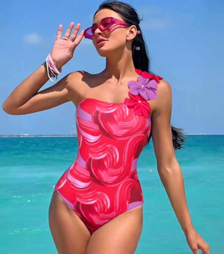 One Shoulder 3D Flower Decor Printed One Piece Swimsuit and Skirt