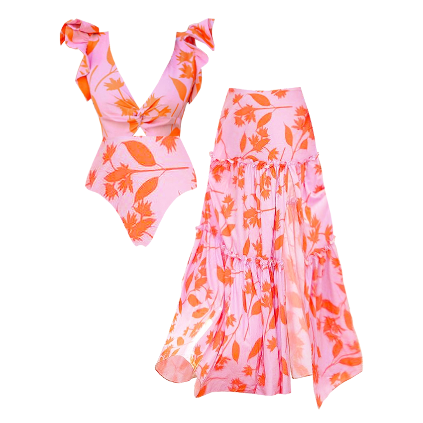 Ruffled V Neck Pink One Piece Swimsuit and Side Slit Skirt Flaxmaker