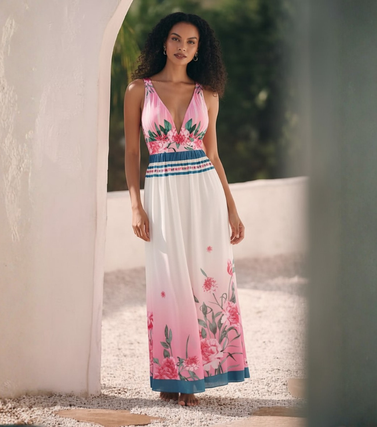 V Neck Pale Pink Ombre Flower Print Swimsuit Set(s)