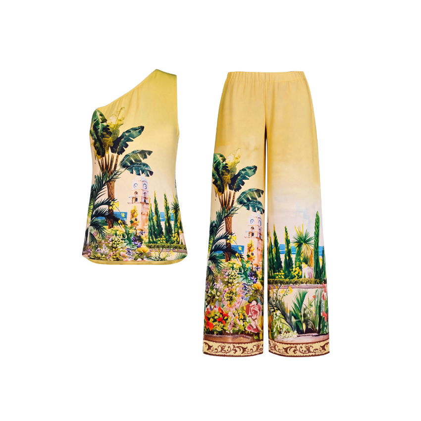 Mediterranean Garden Print One-Shoulder Pant Set