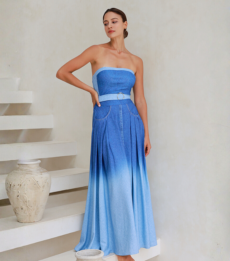 Off Shoulder Denim Pattern Print One Piece Swimsuit and Skirt