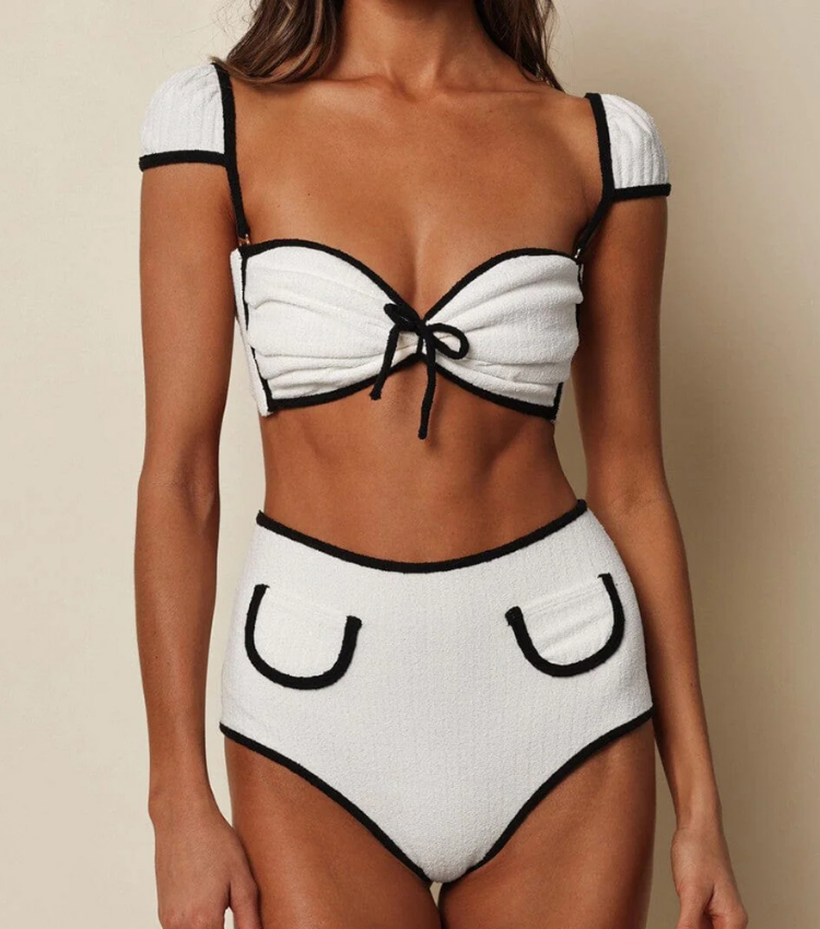 Cream Black Binded Terry Rib Cabana Bows Bikini Swimsuit and Skirt