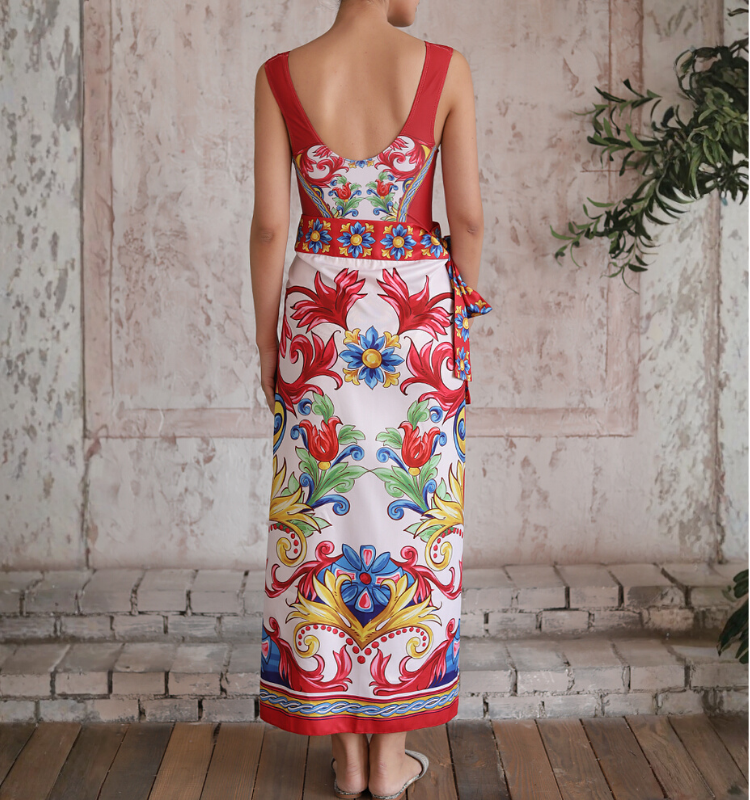 Sling Pattern Print Bikini Swimsuit and Skirt