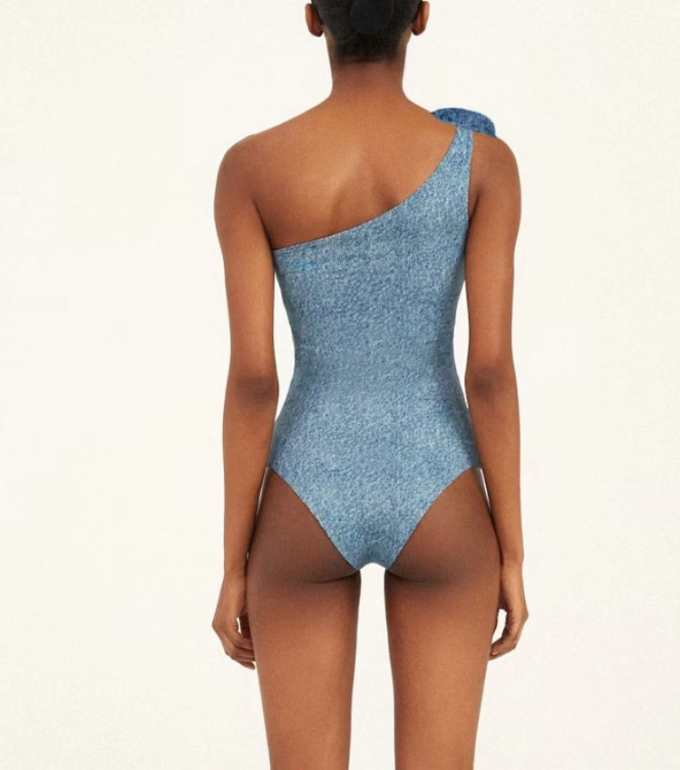 Classic High Waist Flower Denim Print Bikini Swimsuit and Skirt Flaxmaker