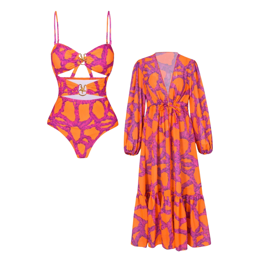 Starfish Printed Cutout One Piece Swimsuit and Cardigan