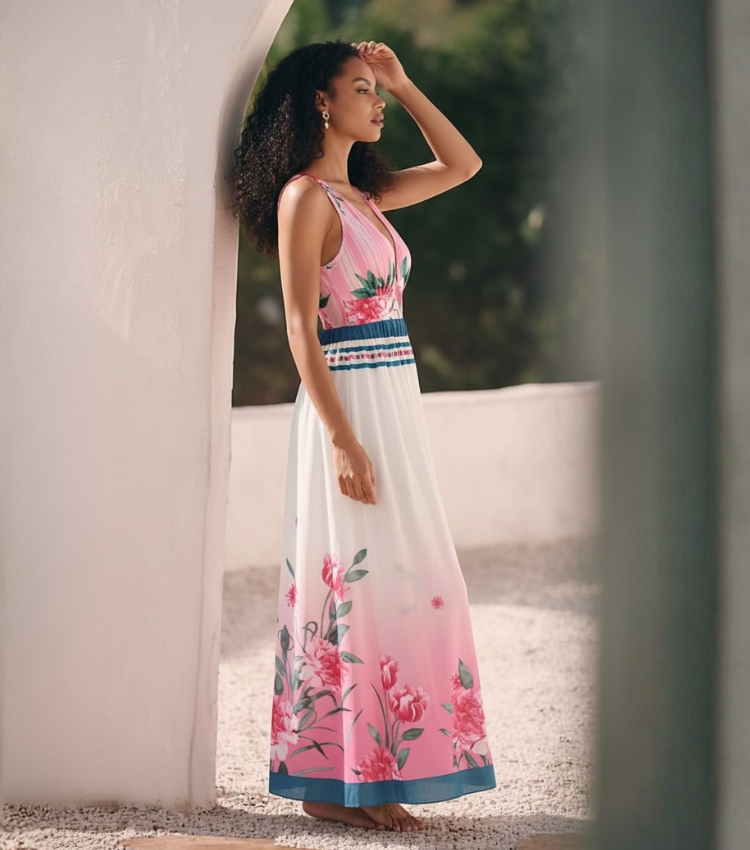 V Neck Pale Pink Ombre Flower Print Swimsuit Set(s)