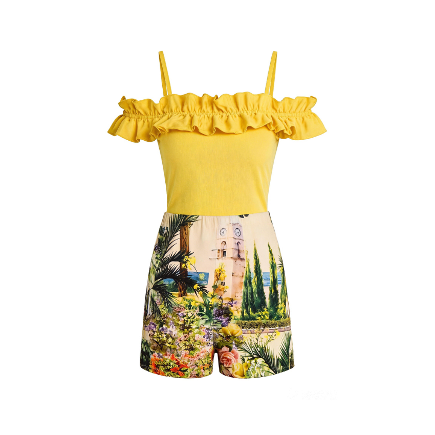 Mediterranean Garden Print Off Shoulder Romper