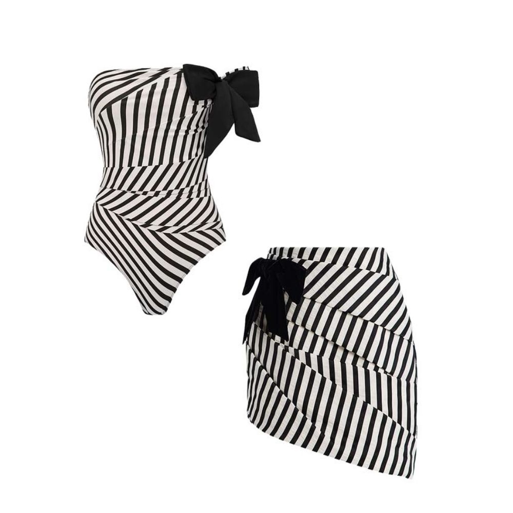 Bowknot Striped One Piece Swimsuit and Skirt