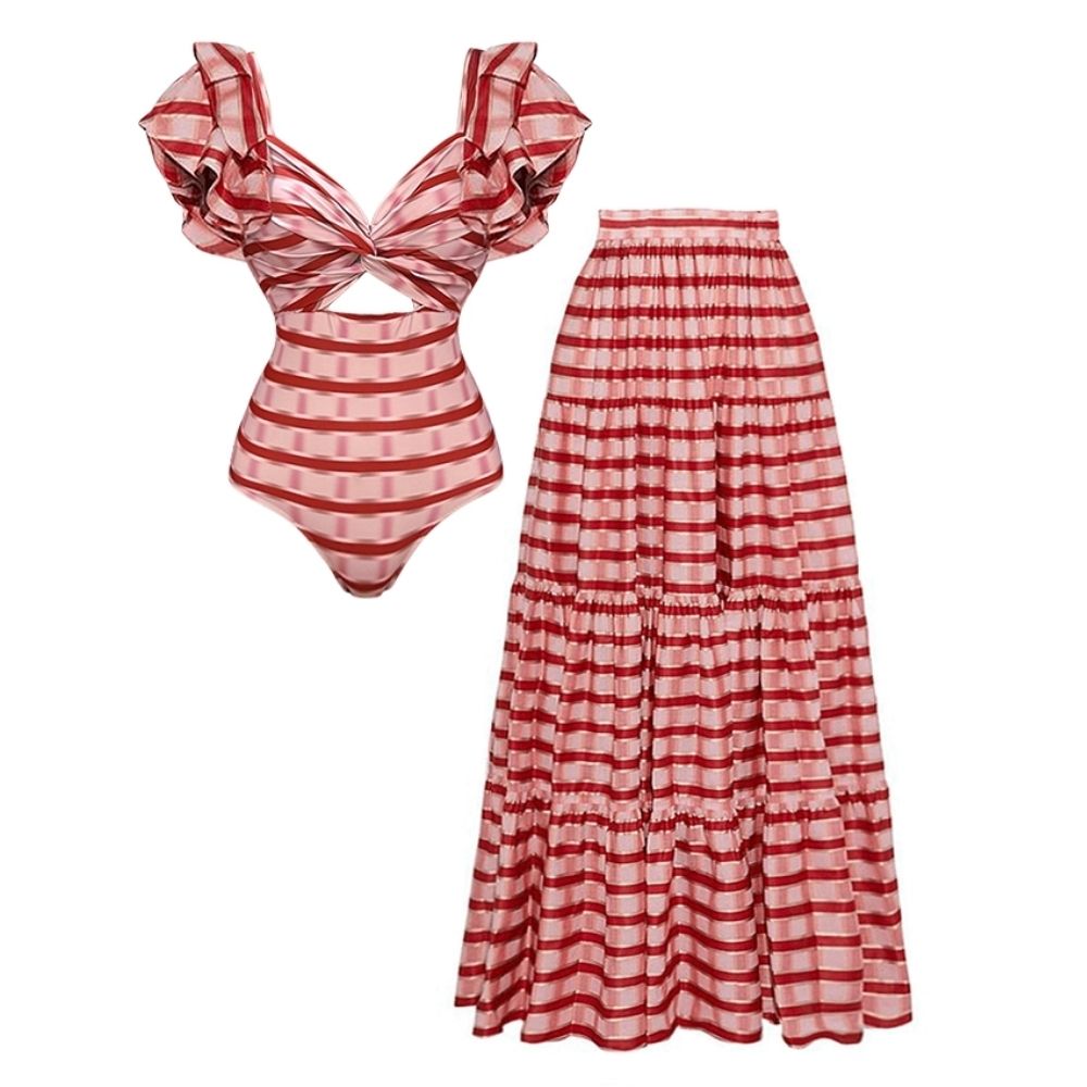Ruffle Red Striped Printed Cut Out One Piece Swimsuit and Skirt
